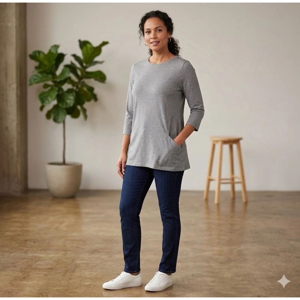 Eileen Fisher Pocket Tunic XS Gray Stretch Organic Cotton Minimalist Casual Top